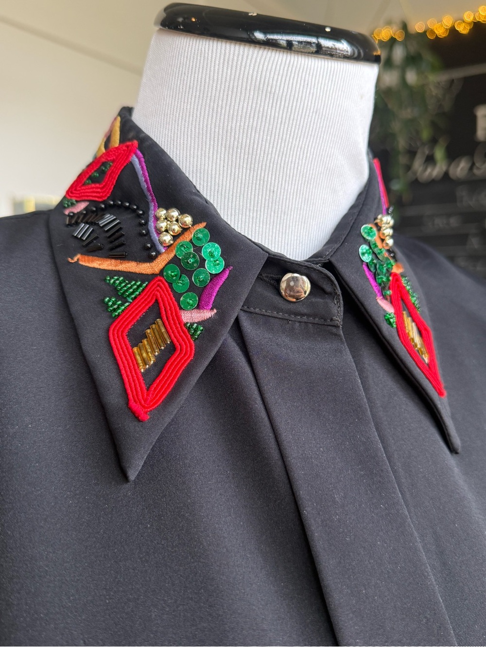 Vintage Yves St. Clair Black Embellished Collared shirt with Multicolor Beadwork